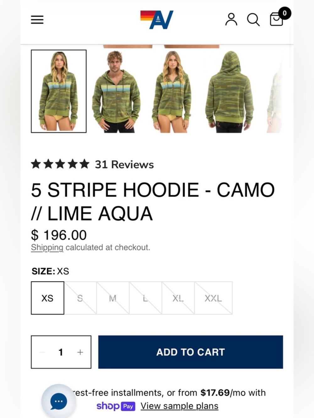 Aviator Nation Green Camo Zip Hoodie with Yellow and Blue Stripes - Picture 4 of 6